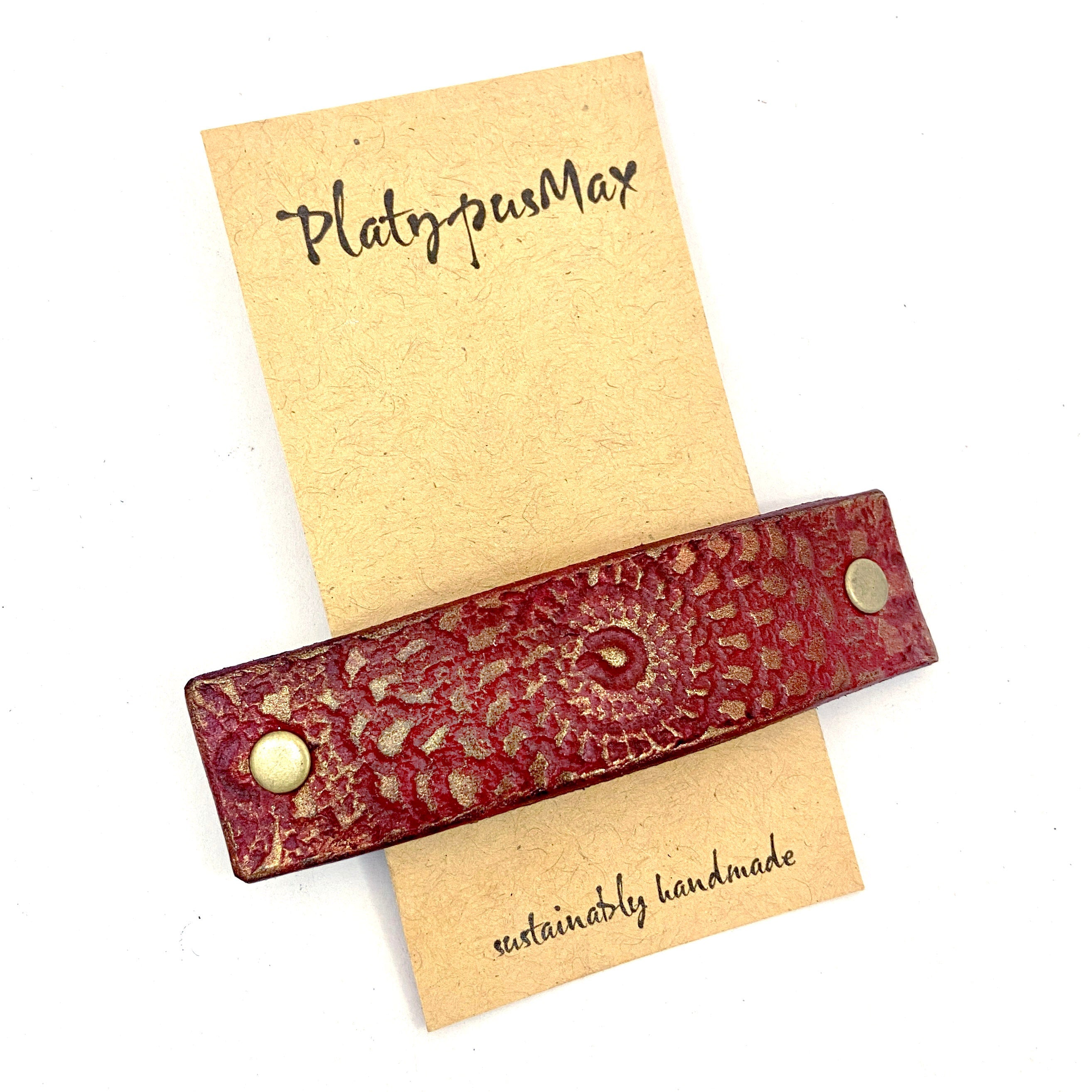 Hand Embossed Red And Gold Mandala Leather Barrette - Rosetta Creative Boutique